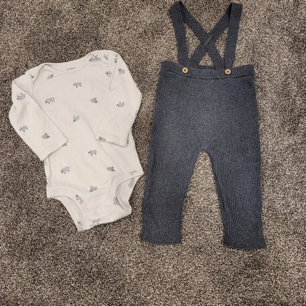 Carters 18M Sheep Print Bodysuit and Gray Ribbed Suspender Pants Set 2pc